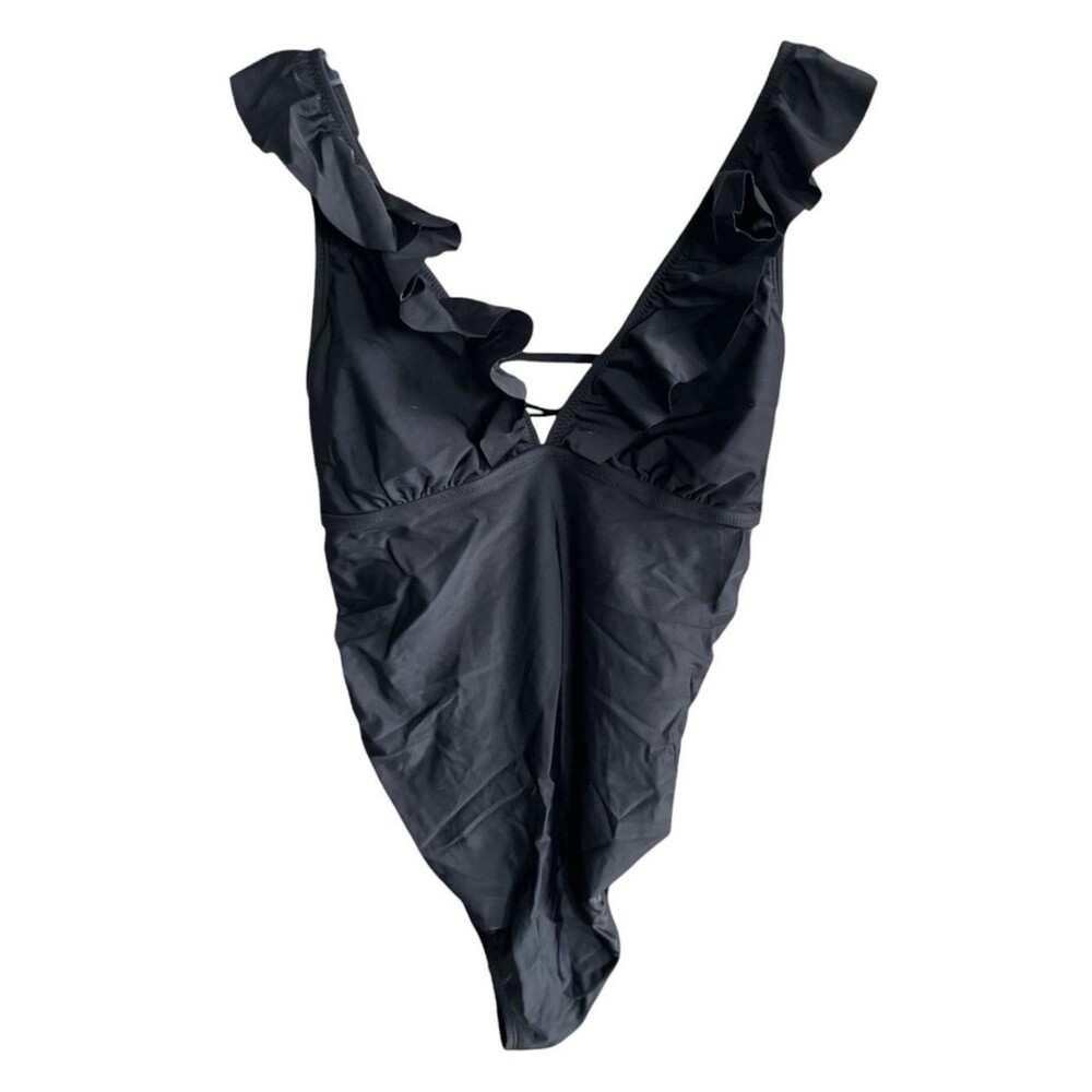 CUPSHE Womens Swimsuit Ruffle V-Neck Ruched Lace Up One Piece Black Size Large